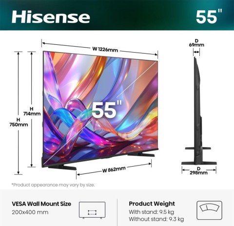 Hisense 55E7S 139,7 cm (55") 4K Ultra HD Smart TV Wi-Fi Czarny 330 cd/m2