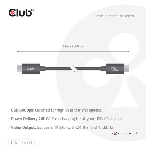 CLUB3D CAC-1570 kabel USB USB4 Gen 2x2 1,2 m USB C 80 Gbit/s 240 W Czarny