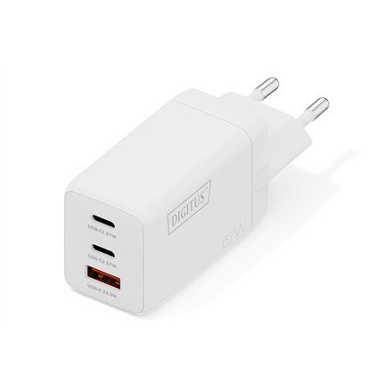 Digitus Ładowarka sieciowa GaN II 67W | 2x USB-C, 1x USB-A | PD 3.0, QC 3.0 | Biała