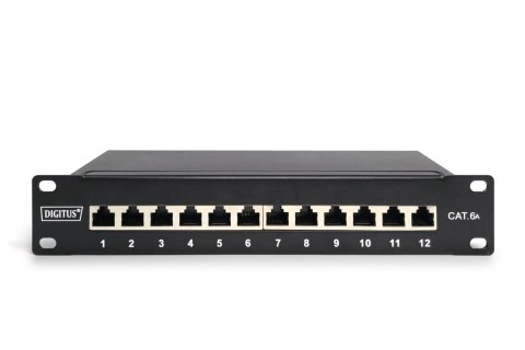 Digitus Panel krosowy (patch panel) 10'' 12x RJ45, LSA poziom, kat.6A, ekranowany, 1U, czarny, prowadnica kabli