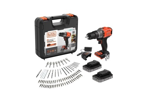 BLACK & DECKER Wiertarko-wkrętarka udarowa 18V BCD383D2XKA z 2 akumulatorami 2.0Ah, ładowarką 1A i zestawem 80 akcesoriów
