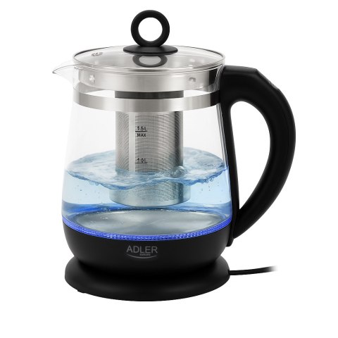 Czajnik elektryczny Adler AD 1299, szklany, 1.5 L, 2200 W, 360° obrotowa baza, podświetlenie LED, czarny