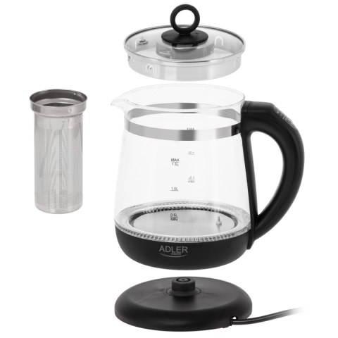 Czajnik elektryczny Adler AD 1299, szklany, 1.5 L, 2200 W, 360° obrotowa baza, podświetlenie LED, czarny
