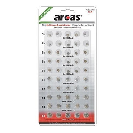 Arcas AG Set (10xAG1, 15xAG3, 10xAG4, 10xAG10, 5xAG13), Alkaline Button Cell, 50 pc(s)