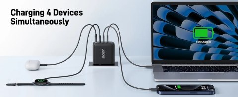 Ładowarka Acer 100 W PD z technologią GaN, 3 porty USB-C i 1 port USB-A, wtyczka UE, kabel USB-C 100 W, czarna, opakowanie detal