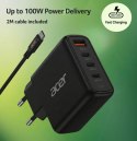 Ładowarka Acer 100 W PD z technologią GaN, 3 porty USB-C i 1 port USB-A, wtyczka UE, kabel USB-C 100 W, czarna, opakowanie detal