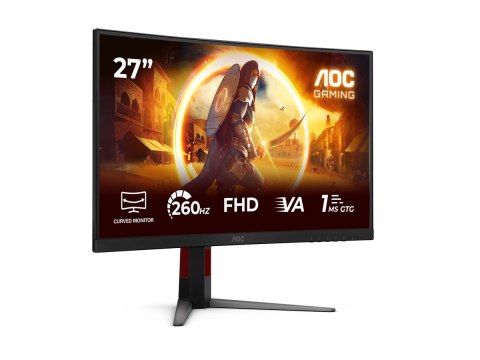 AOC C27G4Z2 - zakrzywiony monitor 27 cali, rozdzielczość 1920×1080, proporcje 16:9, jasność 300 cd/m², czas reakcji 1 ms, złącza