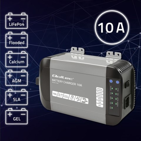 Qoltec Inteligentna ładowarka Monolith do akumulatorów LiFePO4 AGM GEL SLA | 10A | 24V