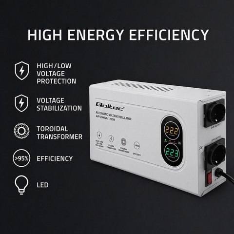 Qoltec Automatyczny Stabilizator napięcia AVR 2000VA | 1200W | Compact | Toroidalny transformator