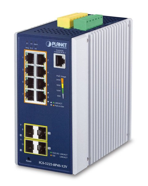 PLANET Industrial 8-Port GE PoE+ 2*1G SFP+ 2*2,5G SFP - 8-Port Zarządzany L2+ Gigabit Ethernet (10/100/1000) Obsługa PoE Alumini