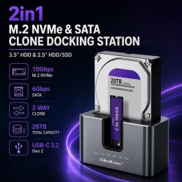 Qoltec 52631 Stacja dokująca HDD SSD | SATA | M.2 NVMe | Klonowanie | USB-C | 10Gb/s | 28TB