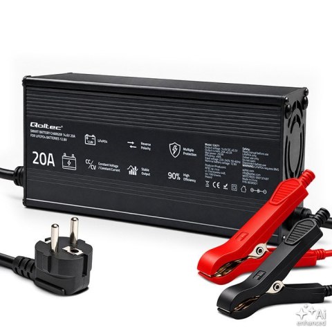Qoltec Specjalistyczna ładowarka do akumulatora LiFePO4 12V | 20A | PF 0.9 | LED | Inteligentne ładowanie