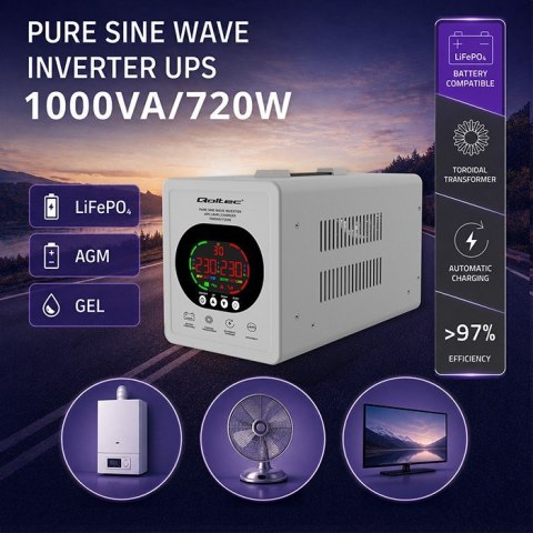 UPS Qoltec 50451 Pure Sine Wave 1000VA/720W Przetwornica 12/230V z AVR | LCD | LiFePO4 AGM GEL