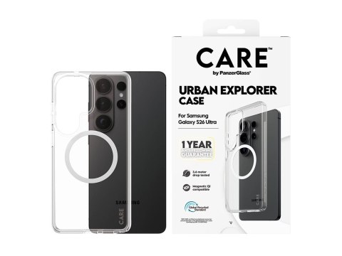 Etui CARE marki PanzerGlass Urban Explorer - przezroczyste z białym Qi do nowego Samsunga Galaxy S26 Ultra | PanzerGlass