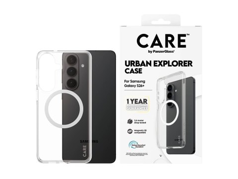 Etui CARE marki PanzerGlass z serii Urban Explorer, przezroczyste z białym Qi, do nowego Samsunga Galaxy S26 Plus | PanzerGlass