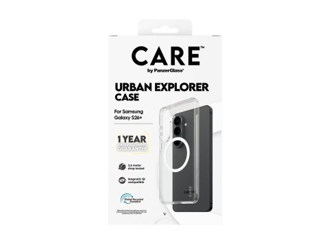 Etui CARE marki PanzerGlass z serii Urban Explorer, przezroczyste z białym Qi, do nowego Samsunga Galaxy S26 Plus | PanzerGlass