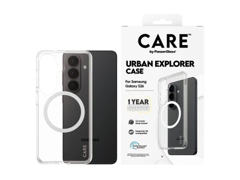 Etui CARE marki PanzerGlass z serii Urban Explorer, przezroczyste z białym elementem Qi, do nowego Samsunga Galaxy S26 | PanzerG
