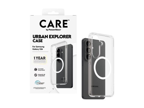 Etui CARE marki PanzerGlass z serii Urban Explorer, przezroczyste z białym elementem Qi, do nowego Samsunga Galaxy S26 | PanzerG