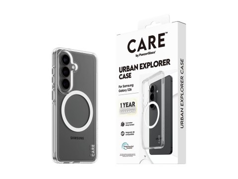 Etui CARE marki PanzerGlass z serii Urban Explorer, przezroczyste z białym elementem Qi, do nowego Samsunga Galaxy S26 | PanzerG