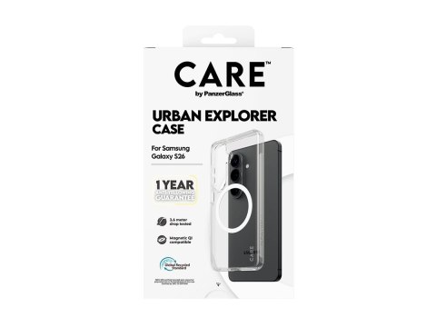 Etui CARE marki PanzerGlass z serii Urban Explorer, przezroczyste z białym elementem Qi, do nowego Samsunga Galaxy S26 | PanzerG
