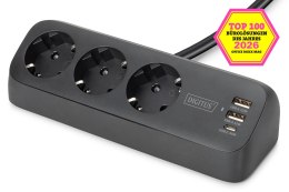 Digitus 3-drożna biurowa listwa zasilająca z 2 złączami USB-A i 1 złączem USB-C, czarna