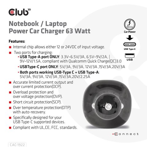 CLUB3D CAC-1922 ładowarka do urządzeń przenośnych Laptop Czarny Zapalniczka Automatyczna