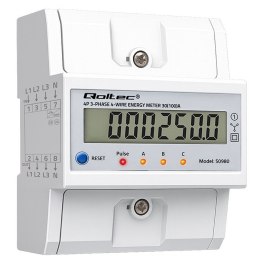 Qoltec 50980 Trójfazowy elektroniczny licznik z resetem | miernik zużycia energii na szynę DIN | 400V | 100A | LCD | LED | 4P