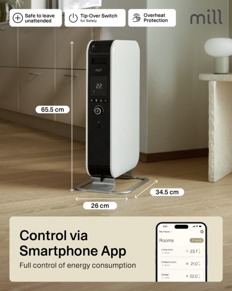 Mill | Grzejnik | OIL1500WIFI3 GEN3 | Grzejnik olejowy | 1500 W | Liczba stopni mocy: 3 | Przeznaczony do pomieszczeń o powierzc