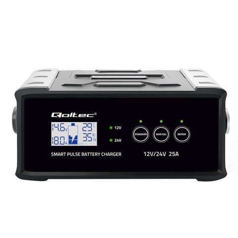 Qoltec Inteligentna mikroprocesorowa ładowarka 12V 24V 25A| Prostownik z funkcją naprawy do akumulatora AGM GEL SLA | LCD