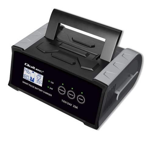 Qoltec Inteligentna mikroprocesorowa ładowarka 12V 24V 25A| Prostownik z funkcją naprawy do akumulatora AGM GEL SLA | LCD
