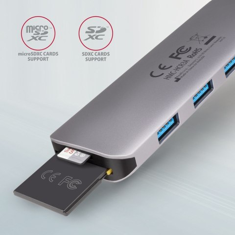 Axagon HMC-HCR3A 3x USB-A+ HDMI+ SD/microSD USB-C 3.2 Gen 1 hub 20cm Przewodowa USB 3.2 Gen 1 (3.1 Gen 1) Type-C Szary