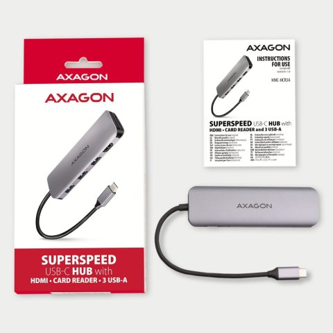 Axagon HMC-HCR3A 3x USB-A+ HDMI+ SD/microSD USB-C 3.2 Gen 1 hub 20cm Przewodowa USB 3.2 Gen 1 (3.1 Gen 1) Type-C Szary
