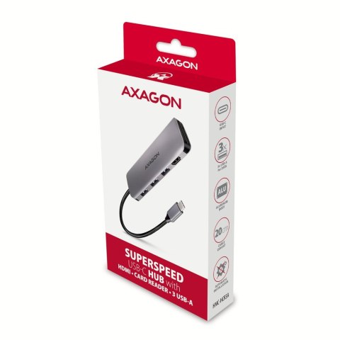 Axagon HMC-HCR3A 3x USB-A+ HDMI+ SD/microSD USB-C 3.2 Gen 1 hub 20cm Przewodowa USB 3.2 Gen 1 (3.1 Gen 1) Type-C Szary
