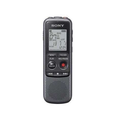 Rejestrator dźwięku Sony ICD-PX240 w kolorze czarnym i szarym z wyświetlaczem LCD, odtwarzaczem MP3. Maksymalny czas nagrywania 