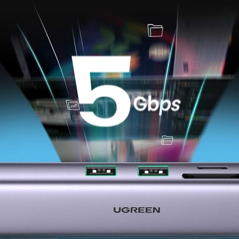 Adapter Ugreen CM512 90568 USB-C - 2x USB-A 3.0 / HDMI / RJ45 / czytnik kart SD i TF / USB-C PD 100W - szary