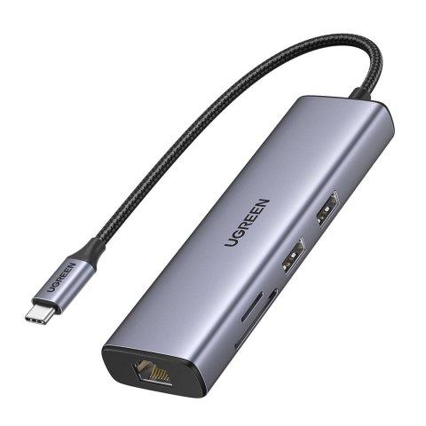 Adapter Ugreen CM512 90568 USB-C - 2x USB-A 3.0 / HDMI / RJ45 / czytnik kart SD i TF / USB-C PD 100W - szary