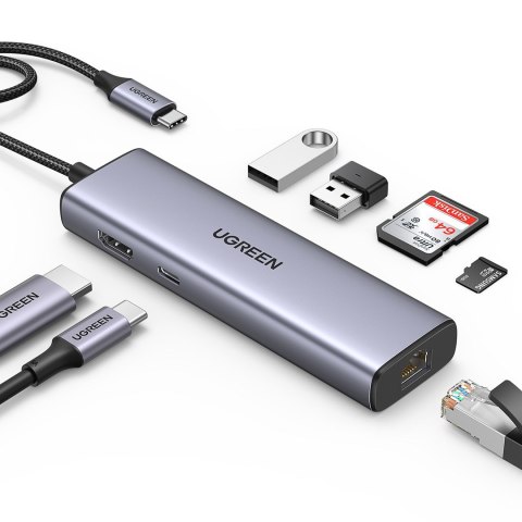 Adapter Ugreen CM512 90568 USB-C - 2x USB-A 3.0 / HDMI / RJ45 / czytnik kart SD i TF / USB-C PD 100W - szary