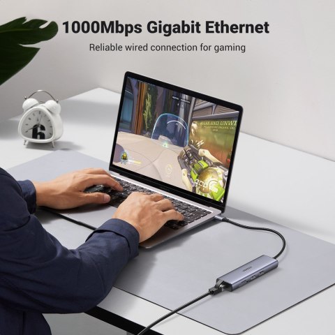 Adapter Ugreen CM512 90568 USB-C - 2x USB-A 3.0 / HDMI / RJ45 / czytnik kart SD i TF / USB-C PD 100W - szary