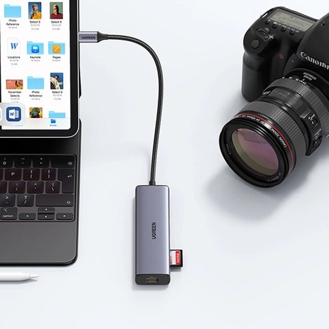 Adapter Ugreen CM512 90568 USB-C - 2x USB-A 3.0 / HDMI / RJ45 / czytnik kart SD i TF / USB-C PD 100W - szary