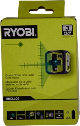 Laser krzyżowy RYOBI z zieloną wiązką. Zakres roboczy 15 m. Czas pracy 6 godz. Laser klasy II. Długość fali: 520nm ± 10nm
