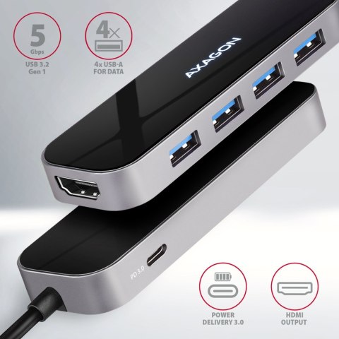 Axagon HMC-6H4A stacja dokująca Przewodowa USB 3.2 Gen 1 (3.1 Gen 1) Type-C Czarny, Szary