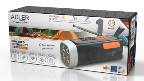 Adler AD 1920 Radio Awaryjne Panel Słoneczny/ Korbka/ Powerbank 4500 mAh Czarny