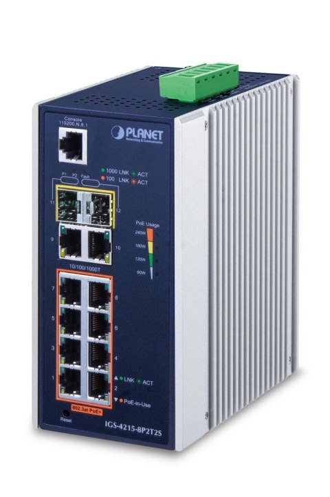 PLANET IGS-4215-8P2T2S łącza sieciowe Zarządzany L2/L4 Gigabit Ethernet (10/100/1000) Obsługa PoE Niebieski, Srebrny