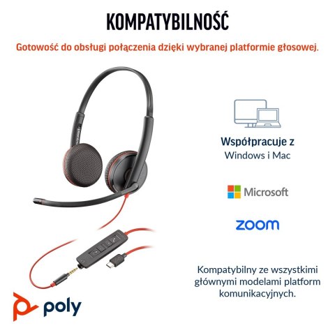 POLY Stereofoniczny zestaw słuchawkowy USB-C Blackwire 3225 + wtyczka 3,5 mm + przejściówka USB-C/A (opakowanie zbiorcze)