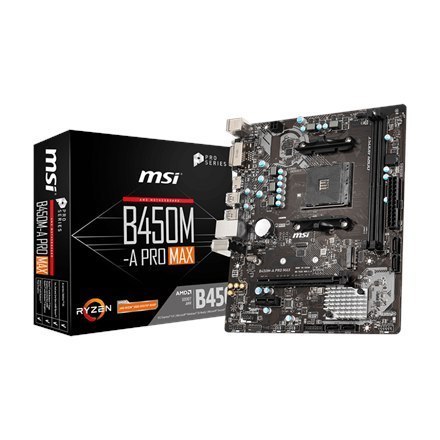 MSI | B450M-A PRO MAX | Rodzina procesorów AMD | Gniazdo procesora AM4 | DDR4 DIMM | Gniazda pamięci 2 | Liczba złączy SATA 4 | 