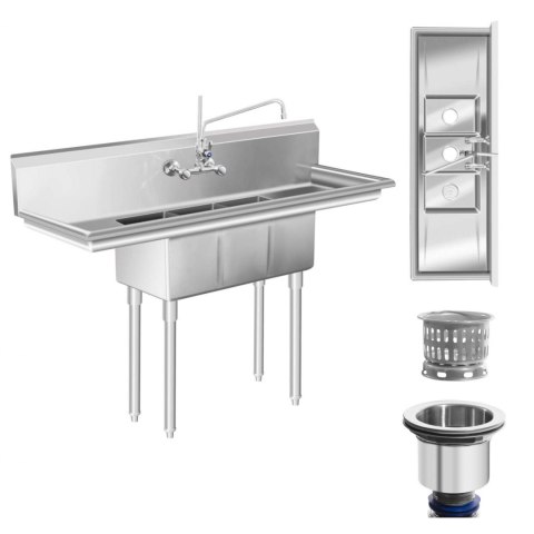 Zlew gastronomiczny ze stali nierdzewnej basen 3 komorowy + 2 półki 150x50cm