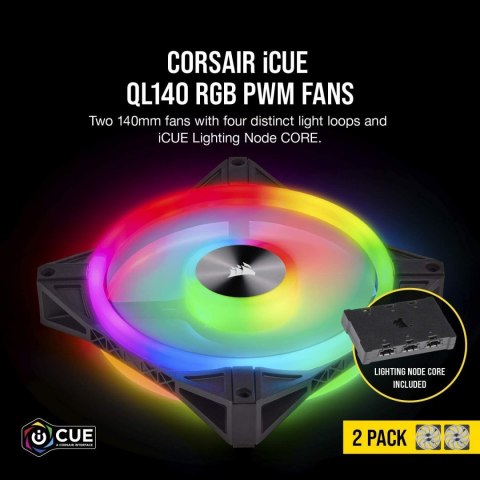 Corsair | QL Series 140mm PWM Dual Fan Kit with Lighting Node CORE | QL140 RGB | Wentylator do obudowy