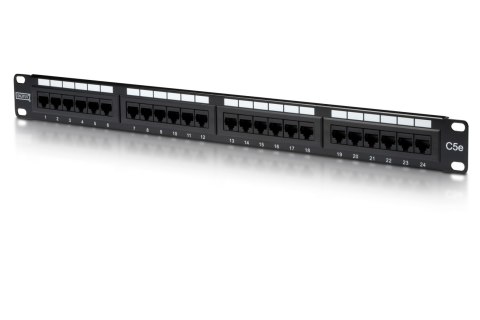 Digitus | Patch Panel | DN-91524U | Czarny | Kategoria: CAT 5e; Porty: 24 x RJ45; Wytrzymałość: 7,7 kg; Siła wkładania: 30N max 