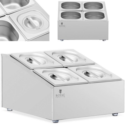 Ekspozytor stojak na pojemniki gastronomiczne 4 x GN 1/6 + pojemniki z pokrywkami