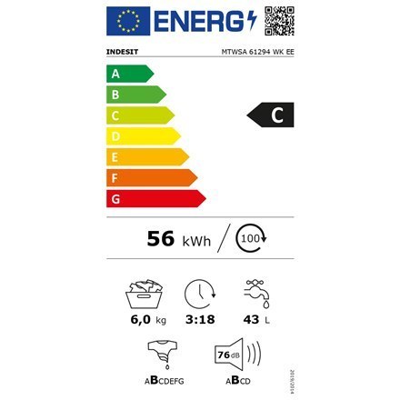 INDESIT | MTWSA 61294 WK EE | Pralka | Klasa efektywności energetycznej C | Ładowana od frontu | Pojemność prania 6 kg | 1151 ob